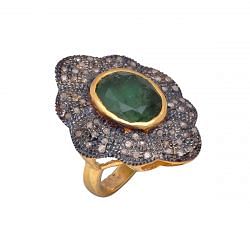 Victorian Jewelry, Silver Diamond Ring With Rose Cut Diamond, And Emerald Stone Studded In 925 Sterling Silver Gold, Black Rhodium Plating. J-662