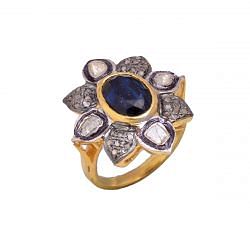 Victorian Jewelry, Silver Diamond Ring With Rose Cut Diamond, Polki Diamond And Kyanite Stone Studded In 925 Sterling Silver Gold, Black Rhodium Plating. J-663