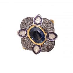 Victorian Jewelry, Silver Diamond Ring With Rose Cut Diamond, Polki Diamond And Kyanite Stone Studded In 925 Sterling Silver Gold, Black Rhodium Plating. J-666