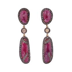Victorian Jewelry, Silver Diamond Earring With Polki Diamond And Ruby Stone Studded In 925 Sterling Silver Gold Plating. J-66