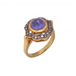 Victorian Jewelry, Silver Diamond Ring With Rose Cut Diamond And Tanzanite Stone Studded In 925 Sterling Silver Gold, Black Rhodium Plating. J-671