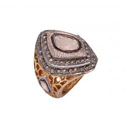 Victorian Jewelry, Silver Diamond Ring With Rose Cut Diamond, Polki Diamond Studded In 925 Sterling Silver  Gold Plating. J-672