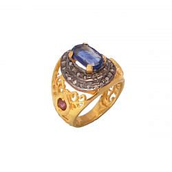 Victorian Jewelry, Silver Diamond Ring With Rose Cut Diamond, And Kyanite Stone Studded In 925 Sterling Silver Gold Plating. J-674