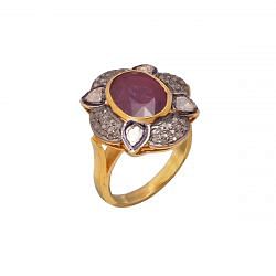 Victorian Jewelry, Silver Diamond Ring With Rose Cut Diamond And Ruby Stone Studded In 925 Sterling Silver Gold, Black Rhodium Plating. J-675