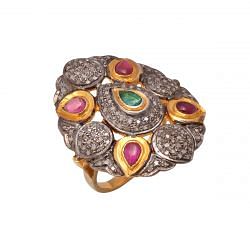 Victorian Jewelry, Silver Diamond Ring With Rose Cut Diamond And Ruby, Emerald Stone Studded  In 925 Sterling Silver, Gold Plating. J-680