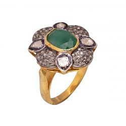 Victorian Jewelry, Silver Diamond Ring With Polki Diamond And Emerald Studded In 925 Sterling Silver, Gold Plating. J-681