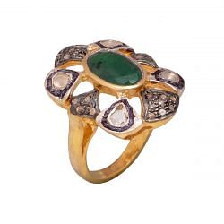 Victorian Jewelry, Silver Diamond Ring With Polki Diamond And Emerald Studded In 925 Sterling Silver, Gold Plating. J-682