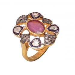Victorian Jewelry, Silver Diamond Ring With Rose Cut Diamond And Ruby Stone Studded In 925 Sterling Silver, Gold Plating. J-683