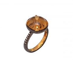 Victorian Jewelry, Silver Diamond Ring With Rose Cut Diamond And Citrine Studded In 925 Sterling Silver Gold, Black Rhodium Plating. J-689