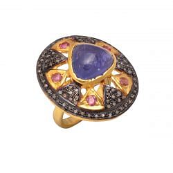 Victorian Jewelry, Silver Diamond Ring With Rose Cut Diamond And Tanzanite Stone Studded In 925 Sterling Silver, Gold / Black Plating. J-690
