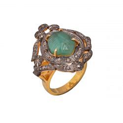 Victorian Jewelry, Silver Diamond Ring With Rose Cut Diamond And Emerald Stone Studded In 925 Sterling Silver Gold, Black Rhodium Plating. J-692