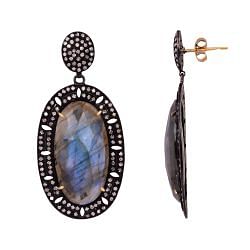 Victorian Jewelry, Silver Diamond Earring With Rose Cut Diamond And Labradorite, Rainbow Moonstone Stone Studded In 925 Sterling Gold, Silver Black Rhodium Plating. J-69