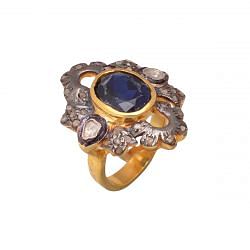 Victorian Jewelry, Silver Diamond Ring With Rose Cut Diamond, Polki Diamond, And Kyanite Stone Studded In 925 Sterling Silver Gold, Black Rhodium Plating. J-700