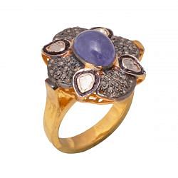 Victorian Jewelry, Silver Diamond Ring With Rose Cut Diamond, And Tanzanite Stone Studded In 925 Sterling Silver Gold, Black Rhodium Plating. J-701