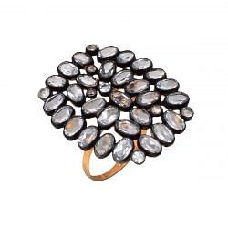 Victorian Jewelry, Silver Diamond Ring With Rose Cut Diamond, And Blue Topaz Stone Studded In 925 Sterling Silver Gold, Black Rhodium Plating. J-702