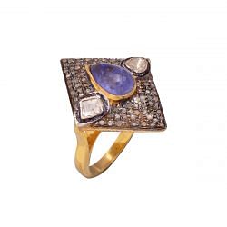 Victorian Jewelry, Silver Diamond Ring With Rose Cut Diamond, Polki Diamond, And Tanzanite Stone Studded In 925 Sterling Silver Gold, Black Rhodium Plating. J-713