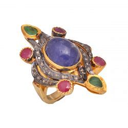 Victorian Jewelry, Silver Diamond Ring With Rose Cut Diamond, And Tanzanite, Ruby, Emerald  Studded In 925 Sterling Silver Gold, Black Rhodium Plating. J-714