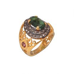Victorian Jewelry, Silver Diamond Ring With Rose Cut Diamond And Emerald Stone Studded In 925 Sterling Silver, Gold Plating. J-717