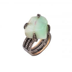 Victorian Jewelry, Silver Diamond Ring With Rose Cut Diamond And Amazonite Stone Studded In 925 Sterling Silver Black Rhodium Plating. J-719