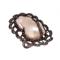 Victorian Jewelry, Silver Diamond Ring With Rose Cut Diamond And Pearl Stone Studded In 925 Sterling Silver Black Rhodium Plating. J-721