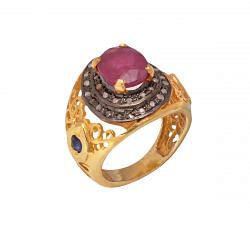Victorian Jewelry, Silver Diamond Ring With Rose Cut Diamond And Ruby Stone Studded In 925 Sterling Silver, Gold Plating. J-725