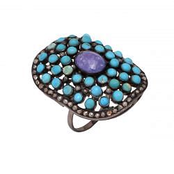 Victorian Jewelry, Silver Diamond Ring With Rose Cut Diamond, Turquoise And Tanzanite Studded In 925 Sterling Silver Black Rhodium Plating. J-727