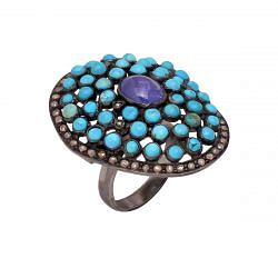 Victorian Jewelry, Silver Diamond Ring With Rose Cut Diamond, Turquoise And Tanzanite Stone Studded In 925 Sterling Silver Black Rhodium Plating. J-728