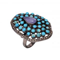 Victorian Jewelry, Silver Diamond Ring With Rose Cut Diamond, Turquoise And Tanzanite Stone Studded In 925 Sterling Silver Black Rhodium Plating. J-729