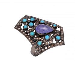 Victorian Jewelry, Silver Diamond Ring With Rose Cut Diamond, Turquoise And Tanzanite  Stone Studded In 925 Sterling Silver Black Rhodium Plating. J-730