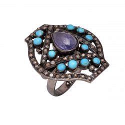 Victorian Jewelry, Silver Diamond Ring With Rose Cut Diamond, Turquoise And Tanzanite Stone Studded In 925 Sterling Silver Black Rhodium Plating. J-731