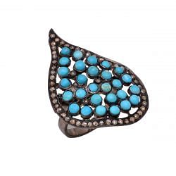 Victorian Jewelry, Silver Diamond Ring With Rose Cut Diamond And Turquoise Stone Studded In 925 Sterling Silver Black Rhodium Plating. J-732