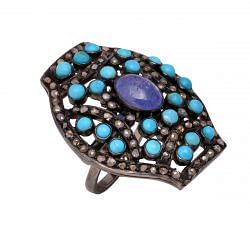 Victorian Jewelry, Silver Diamond Ring With Rose Cut Diamond, Turquoise And Tanzanite Stone Studded In 925 Sterling Silver Black Rhodium Plating. J-733