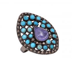 Victorian Jewelry, Silver Diamond Ring With Rose Cut Diamond, Turquoise And Tanzanite Stone Studded In 925 Sterling Silver Black Rhodium Plating. J-735