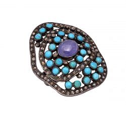 Victorian Jewelry, Silver Diamond Ring With Rose Cut Diamond, Turquoise And Tanzanite Stone Studded In 925 Sterling Silver Black Rhodium Plating. J-739