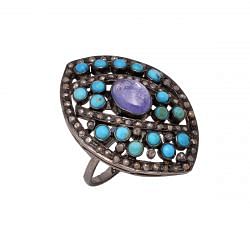 Victorian Jewelry, Silver Diamond Ring With Rose Cut Diamond, Turquoise And Tanzanite Stone Studded In 925 Sterling Silver Black Rhodium Plating. J-740