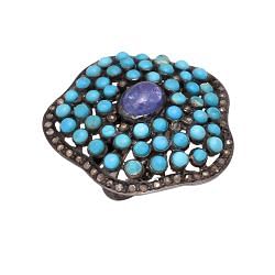 Victorian Jewelry, Silver Diamond Ring With Rose Cut Diamond, Turquoise, Kyanite Stone Studded In 925 Sterling Silver Black Rhodium Plating. J-741