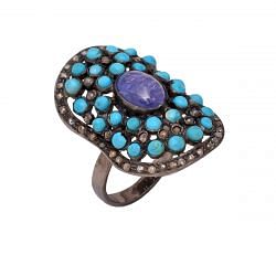 Victorian Jewelry, Silver Diamond Ring With Rose Cut Diamond, Turquoise And Tanzanite Stone Studded In 925 Sterling Silver Black Rhodium Plating. J-743