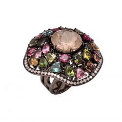 925 Sterling Silver Ring With Diamond And Multi Stones, And Rose Quartz Handmade Victorian Style Diamond Ring.J-751