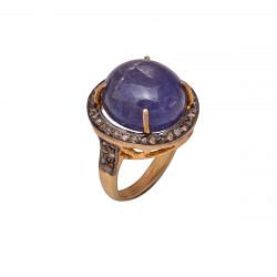 Victorian Jewelry, Silver Diamond Ring With Rose Cut Diamond And Tanzanite Stone Studded In 925 Sterling Silver Gold, Black Rhodium Plating. J-762