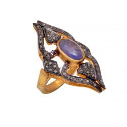 Victorian Jewelry, Silver Diamond Ring With Rose Cut Diamond And Tanzanite  Stone Studded In 925 Sterling Silver Gold, Black Rhodium Plating. J-763