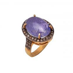 Victorian Jewelry, Silver Diamond Ring With Rose Cut Diamond And Tanzanite Studded  In 925 Sterling Silver Gold, Black Rhodium Plating. J-764