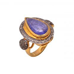 Victorian Jewelry, Silver Diamond Ring With Rose Cut Diamond And Tanzanite  Stone Studded In 925 Sterling Silver Gold, Black Rhodium Plating. J-765