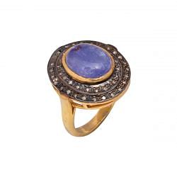 Victorian Jewelry, Silver Diamond Ring With Rose Cut Diamond And Tanzanite  Stone Studded In 925 Sterling Silver Gold, Black Rhodium Plating. J-767