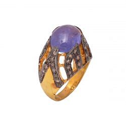 Victorian Jewelry, Silver Diamond Ring With Rose Cut Diamond And Tanzanite Stone Studded In 925 Sterling Silver Gold, Black Rhodium Plating. J-772