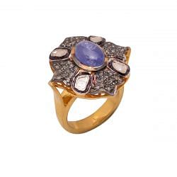 Victorian Jewelry, Silver Diamond Ring With Rose Cut Diamond And Polki Diamond Tanzanite Stone Studded In 925 Sterling Silver Gold, Black Rhodium Plating. J-774