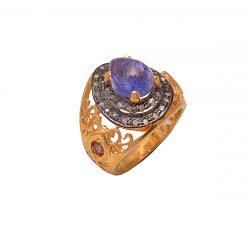 Victorian Jewelry, Silver Diamond Ring With Rose Cut Diamond And Tanzanite Stone Studded In 925 Sterling Silver Gold, Black Rhodium Plating. J-779