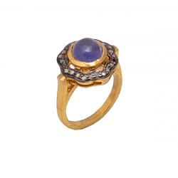 Victorian Jewelry, Silver Diamond Ring With Rose Cut Diamond And Tanzanite Stone Studded In 925 Sterling Silver Gold, Black Rhodium Plating. J-782