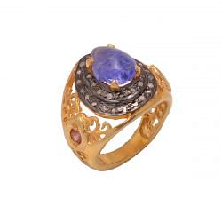 Victorian Jewelry, Silver Diamond Ring With Rose Cut Diamond And Tanzanite Stone Studded In 925 Sterling Silver Gold, Black Rhodium Plating. J-784