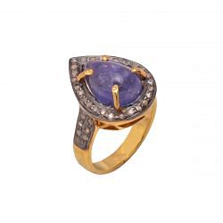 Victorian Jewelry, Silver Diamond Ring With Rose Cut Diamond And Tanzanite Stone Studded In 925 Sterling Silver Gold, Black Rhodium Plating. J-785