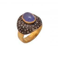 Victorian Jewelry, Silver Diamond Ring With Rose Cut Diamond And Tanzanite Stone Studded In 925 Sterling Silver Gold, Black Rhodium Plating. J-786